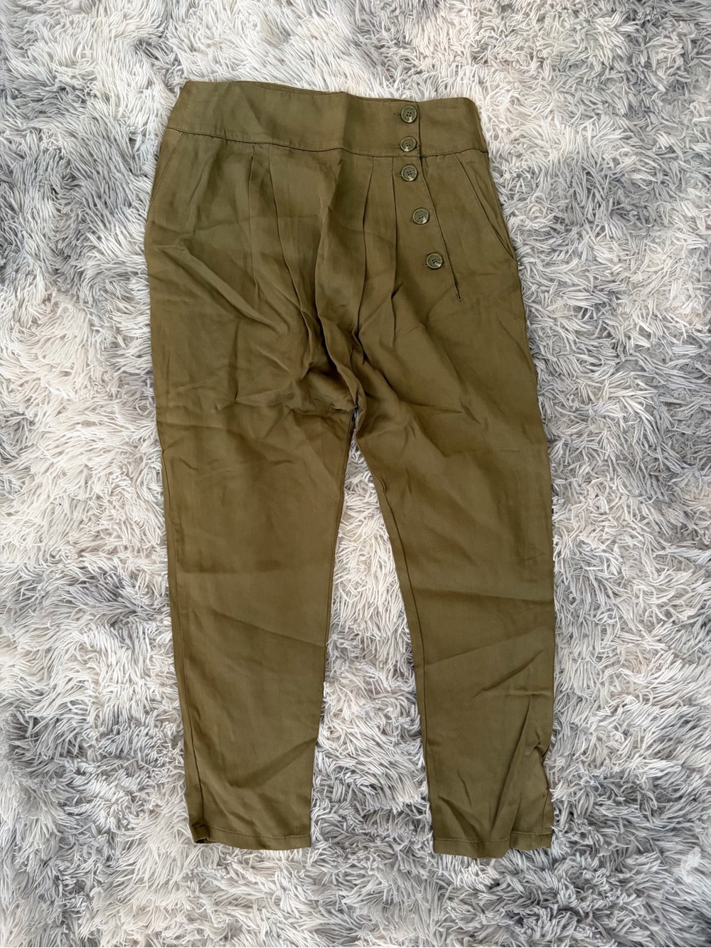 Olive Green High-Waist Button Front Pants